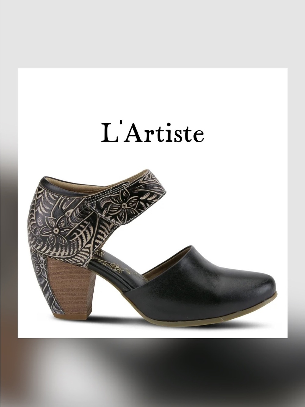 Spring Step L'Artiste Black Leather Mary Jane Heels with Floral-Engraved Strap